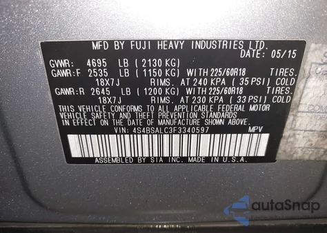 2015 Subaru Outback 2.5I Limited from USA, damaged, VIN 4S4BSALC3F3340597